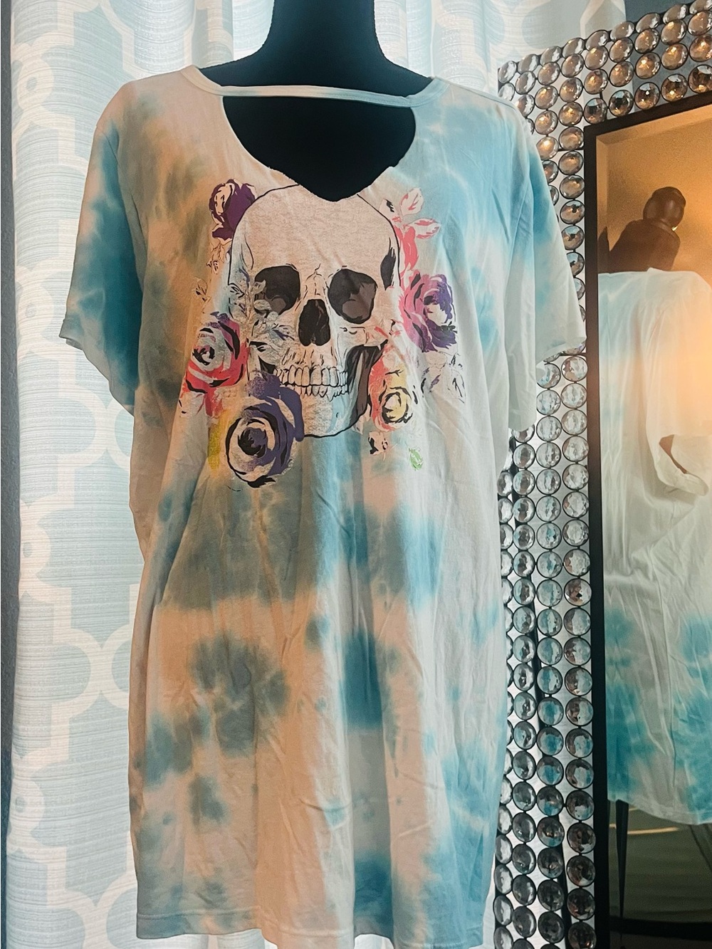 torrid Blue Tie-Dye Skull Tee with Multicolor Floral Accents